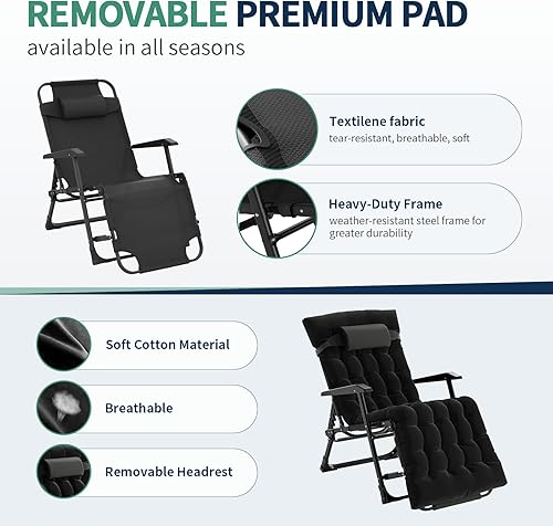 Miniatura 5 de Amopatio Silla de gravedad cero 3 en 1 de gran tamaño de 29 pulgadas XL plegable con almohadilla extraíble, cama portátil para acampar para adultos,