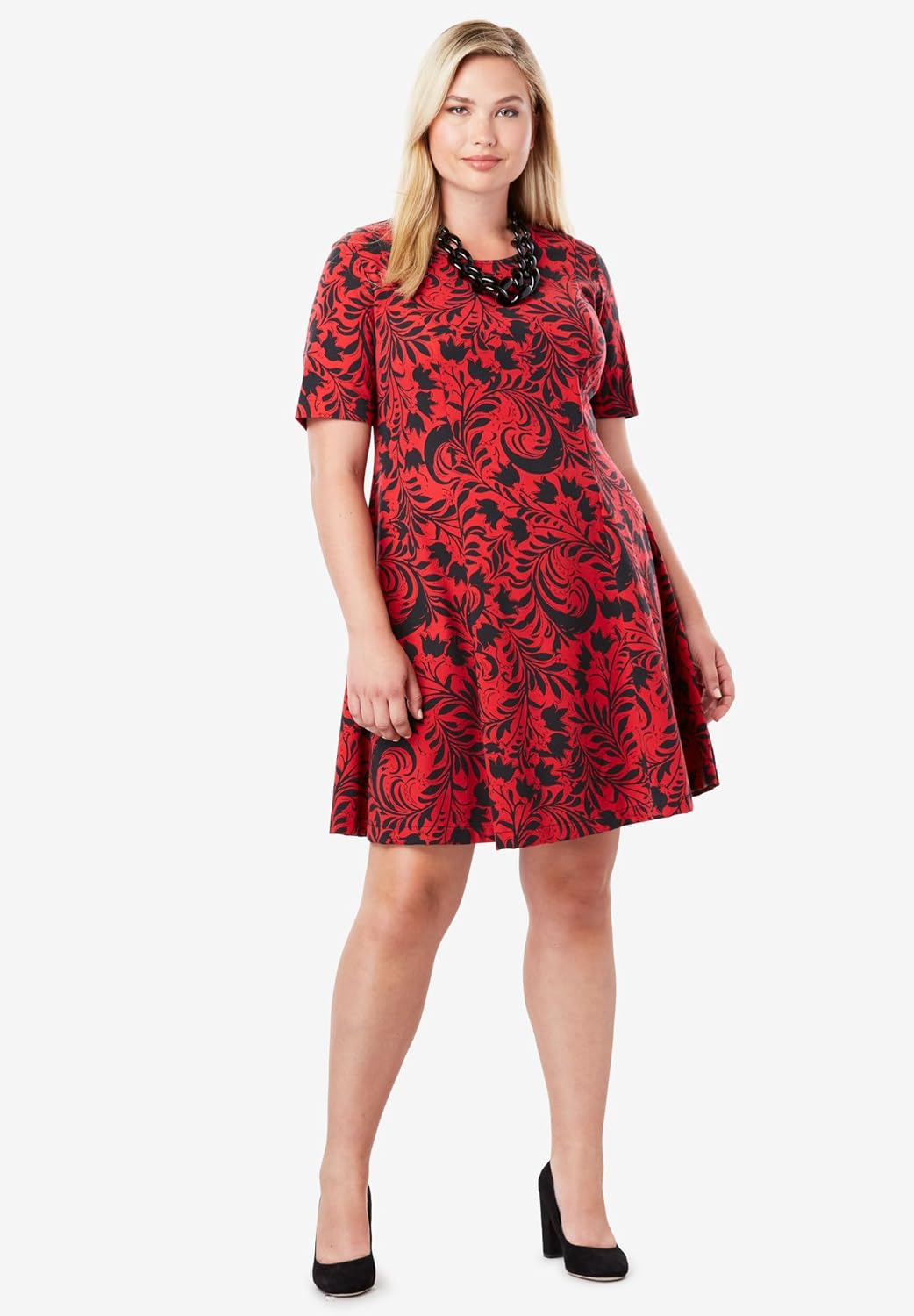 Jessica London Women's Plus Size Short Sleeve Ponte Fit and Flare Dress -  24 W, Deep Teal Garden Border