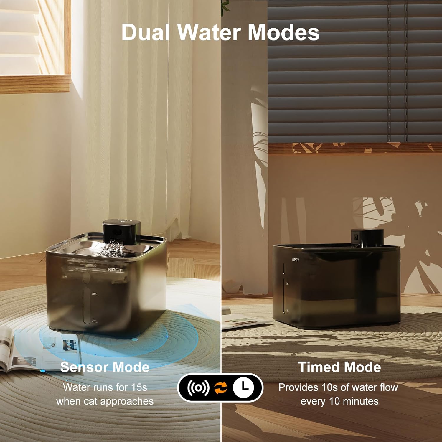 NPET Wireless Cat Water Fountain, 4L/135oz Pet Fountain with Smart Motion Sensor, 4000mAh Rechargeable Battery Operated & Quiet Pump, Automatic Cordless Water Dispenser with Multi-Filtration Filters