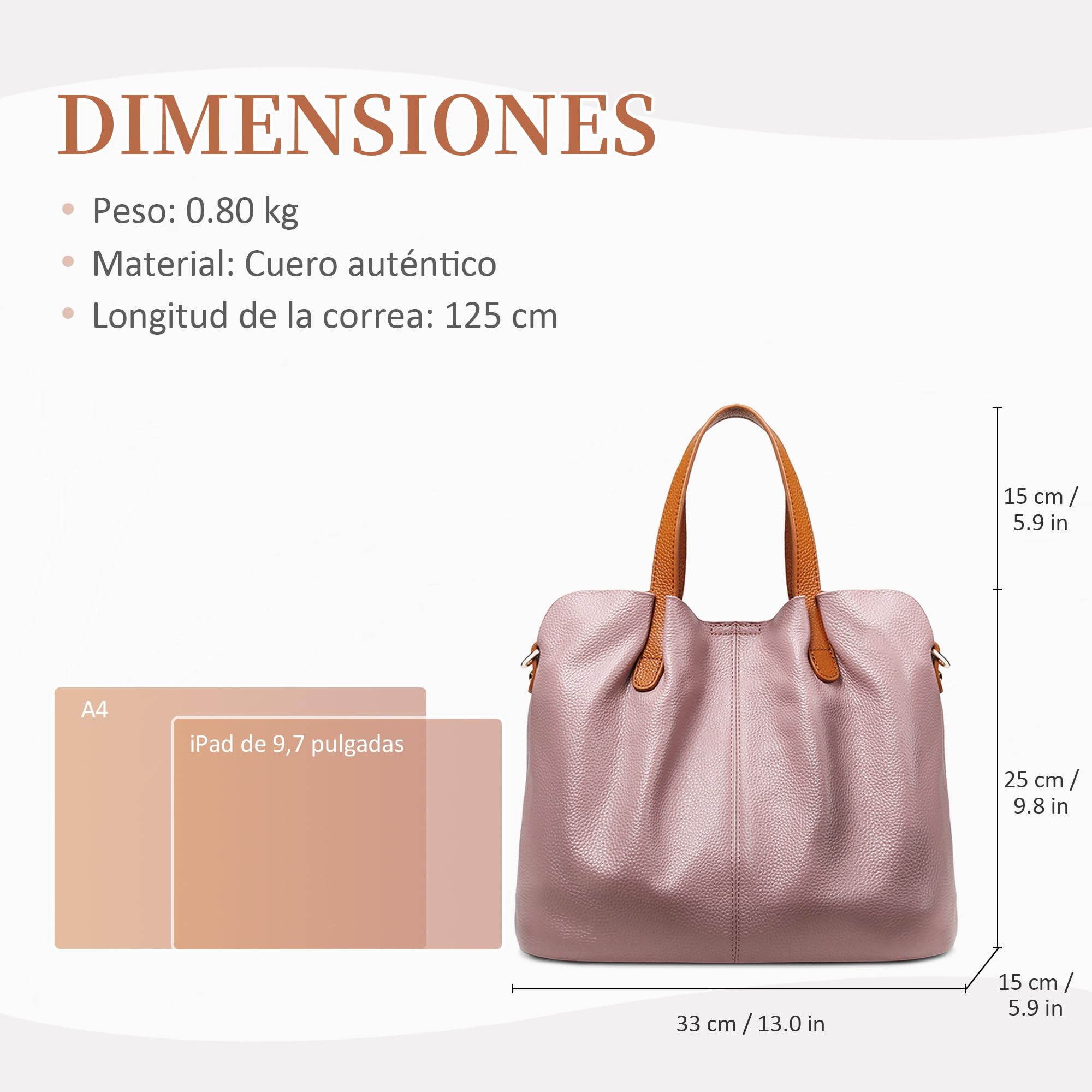 DIRRONA Bolso Mujer de Piel Auténtica – Elegante Bolso de Mano y Hombro con Correa Ajustable, Bolso Tote Grande Ideal para Trabajo, Viajes, Compras y Uso Diario