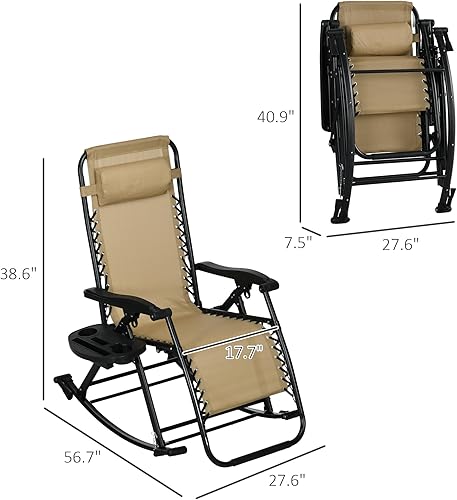 Miniatura 3 de Outsunny Juego de 2 mecedoras para exteriores, plegables, reclinables, de gravedad cero con almohada, taza y soporte para teléfono, diseño combinado