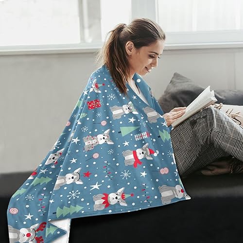 Miniatura 6 de KLL Manta de felpa con diseño navideño sin costuras con divertido bulldog francés sobre fondo azul, manta de microfibra ligera para automóvil, cama,