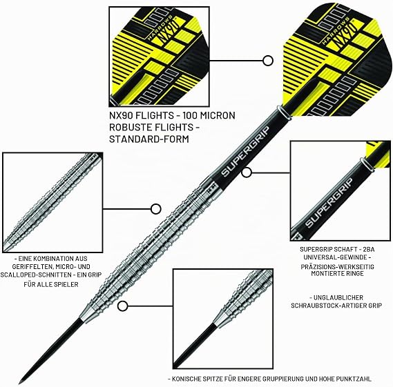 Harrows NX90 90% Tungsten Darts Darts-Set mit Stahlspitze| 21g 22g 23g 24g 25g & 26g Enthält Supergrip-Schäfte und 100-Mikron-NX90-Flüge