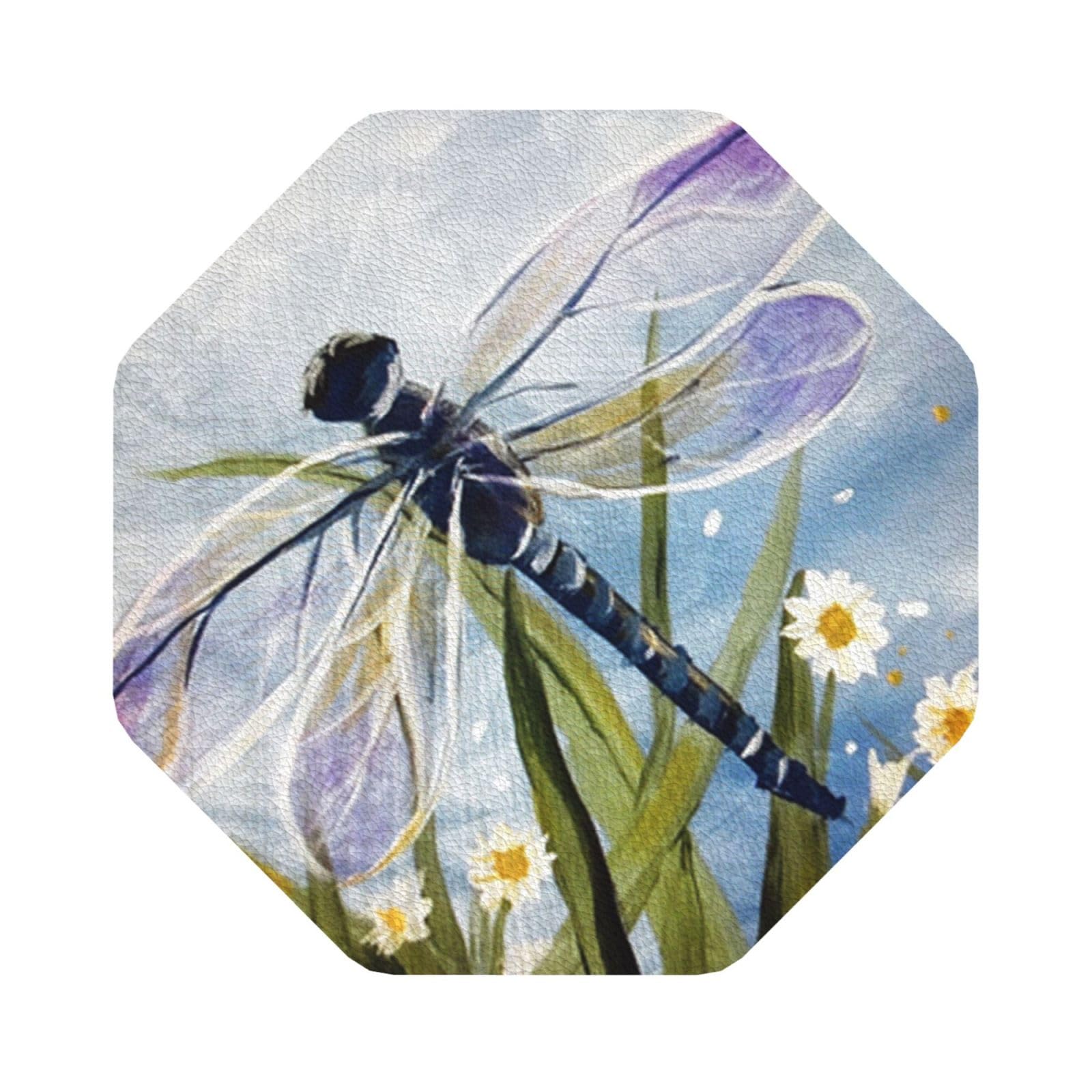 Dragonfly painting PU Leather Coasters Set of 6 Octagon Drink Coasters