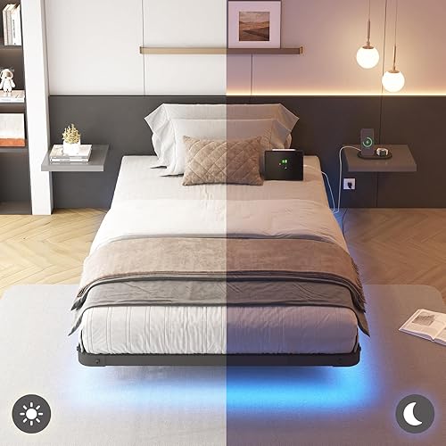 Miniatura 8 de YGEOMER Marco de cama flotante de tamaño individual con estación de carga, marcos de cama modernos de plataforma de metal con luz LED, fácil