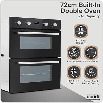 Baridi 72cm Built-Under Double Oven, 74L Capacity, Energy Rating A, 8 Shelf Positions, Black Glass – DH278 [Energy Class A]