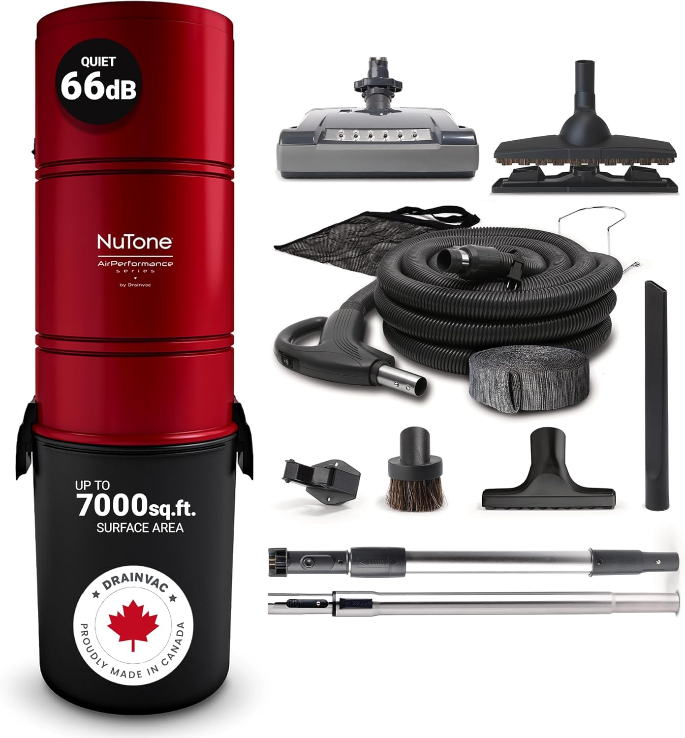 Central Vacuum Broan-Nutone by Drainvac 650 Air Watts with Premium Electric Tool Set for Cleaning Floors,Carpets,Furniture & Upholstery - Anti-Vibration,Powerful Suction - Made in Canada