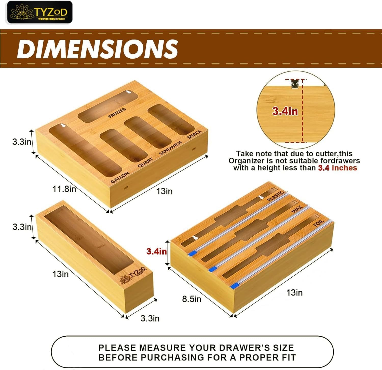 9-in-1 Bamboo Storage Bag Organizer with Cutter, Kitchen Drawer & Wall Mount Storage for Foil, Plastic Wrap, Gallon, Quart, Sandwich, Snack & Freezer Bags, Fits Rolls ≤12” Long, ≤2” Diameter
