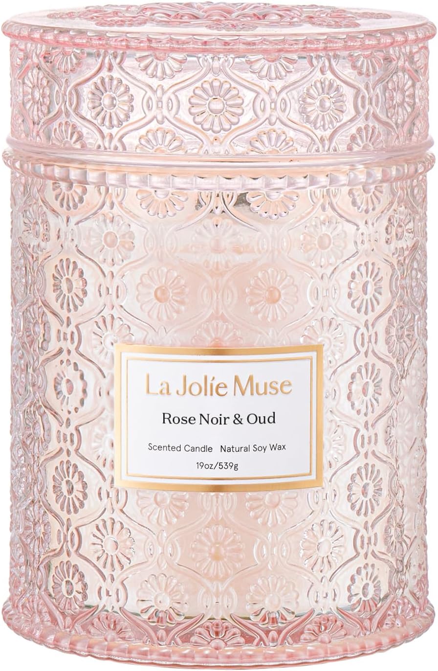LA JOLIE MUSE Rose Noir & Oud Scented Candle, Rose Candle Gift for Women, Large Glass Jar Candles for Home, Wood Wick, 90 Hours Long Burning, 19.4 oz