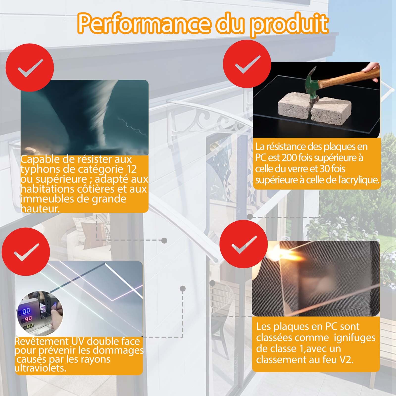 Auvent De Porte D'entrée Moderne，Toit Marquise en Polycarbonate Porte，Marquise De Porte Exterieur en Aluminium，Résistante Toit Abri Protection，avec Structure Abs，pour Terrasse, Balcon