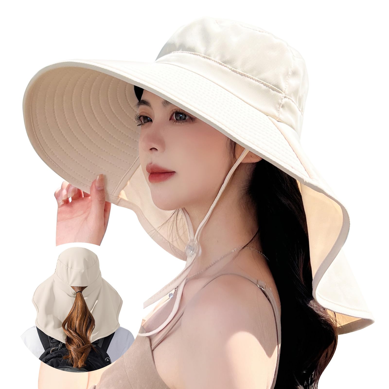 [YUMISS] UVカット 帽子 レディース 【12cm超つば広・360度UVカット・首筋しっかり守る】 接触冷感 完全遮光 日焼け防止 紫外線対策 通気性 撥水加工 吸汗 小顔 日除け帽子 uvカット帽子 あご紐 自転車 登山 海辺 農作業 日除けハット