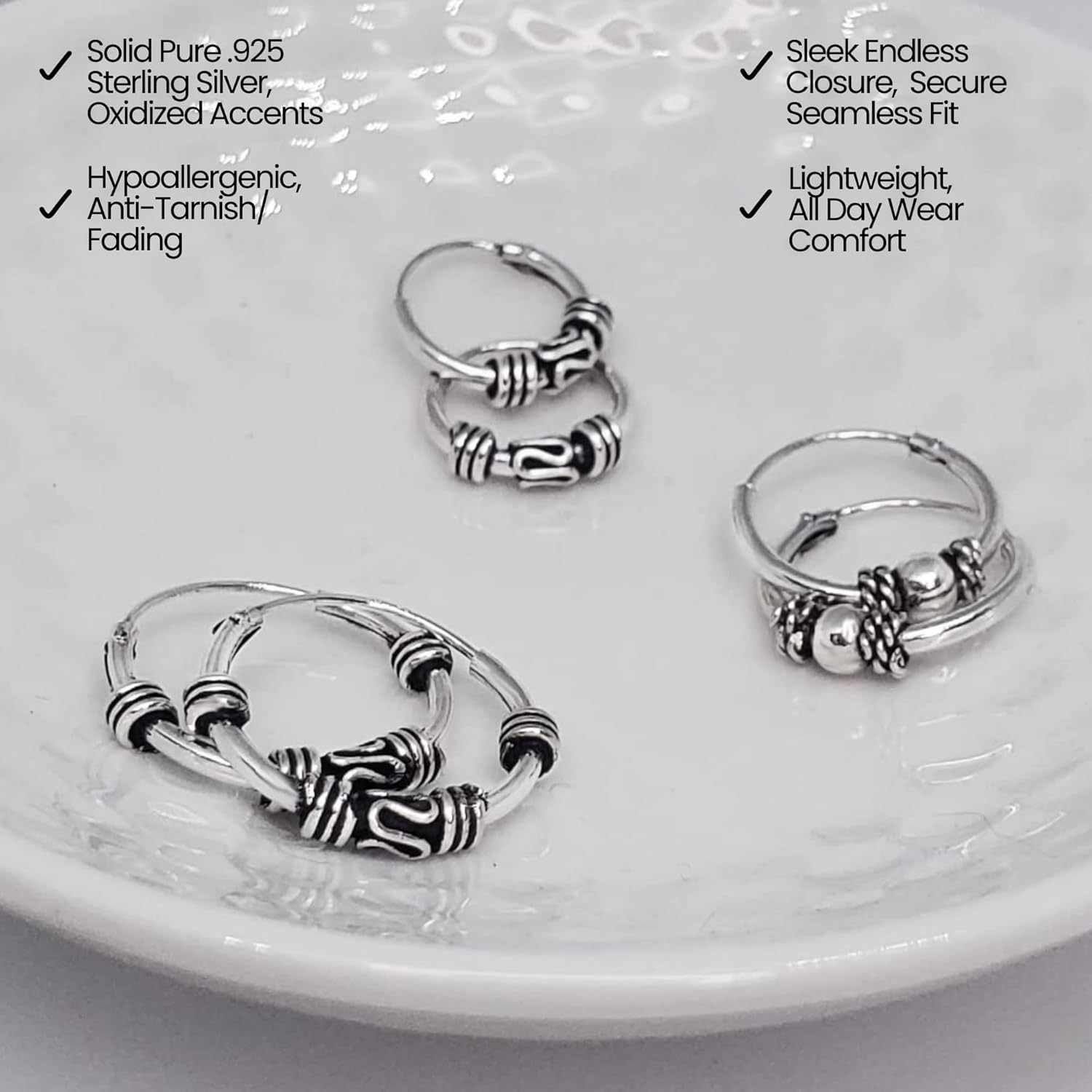 Hoops & Loops 925 Sterling Silver Set of 3 Pairs 10mm, 12mm & 14mm Balinese Style Bali Bead Endless Hoop Earrings for Women & Men, Silver, Yellow & Rose Gold