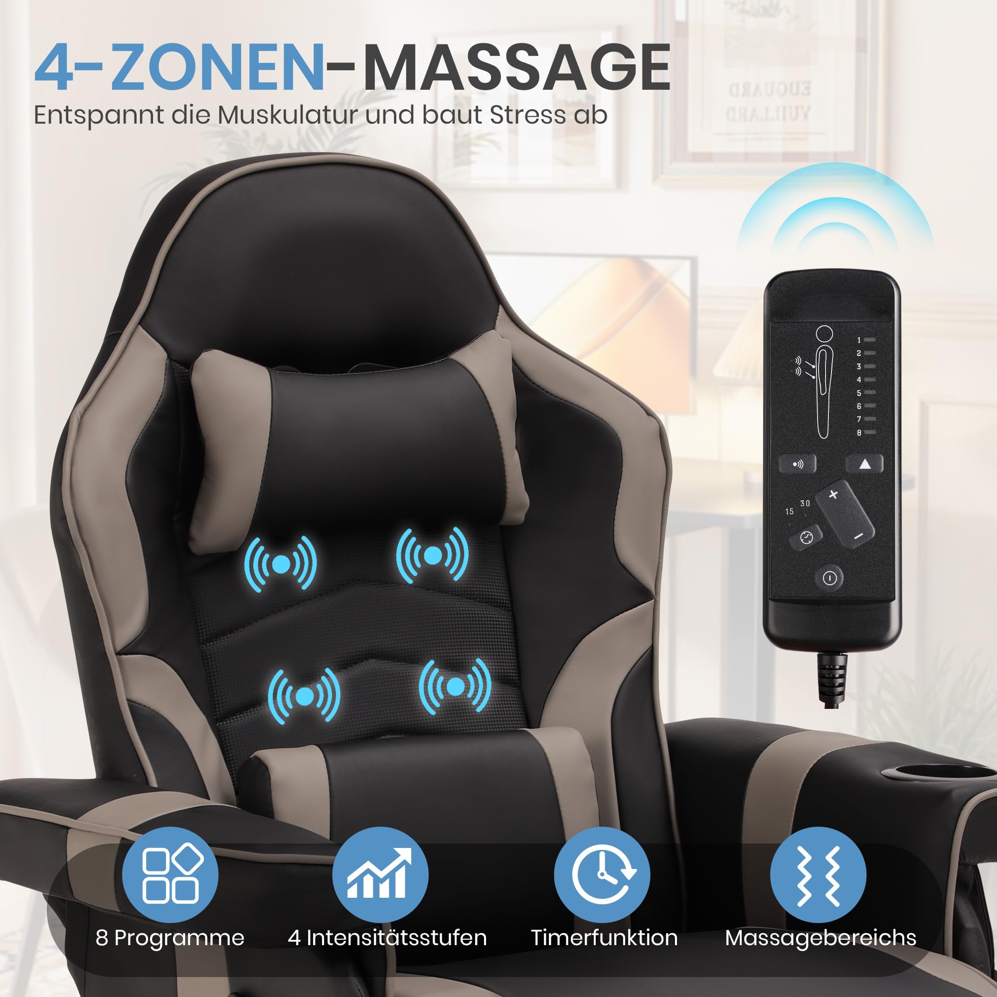 Relaxsessel Fernsehsessel mit Liegefunktion, Massage Gaming Stuhl mit Höhenverstellbar & 360° Drehbar, Ergonomischer Racing Gaming Sessel Wohnzimmer, Manuell Verstellbar (Gray)