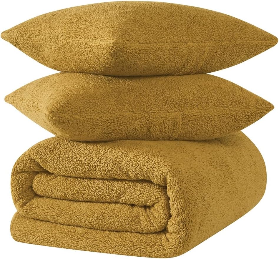 Brooklyn Loom Oversized Marshmallow Sherpa Mustard 3 Piece King Comforter Set, Solid Color Themed, Oeko-TEX Certified Confidence