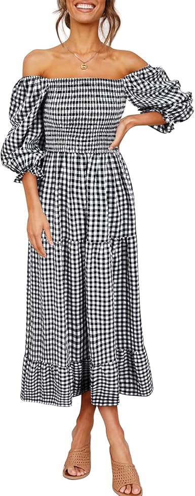 Amazon.com: Vestido largo Boho Flowy Midi largo 3/4 de manga soplada hombro  elegante Backless A Line Maxi Vestidos : Ropa, Zapatos y Joyería
