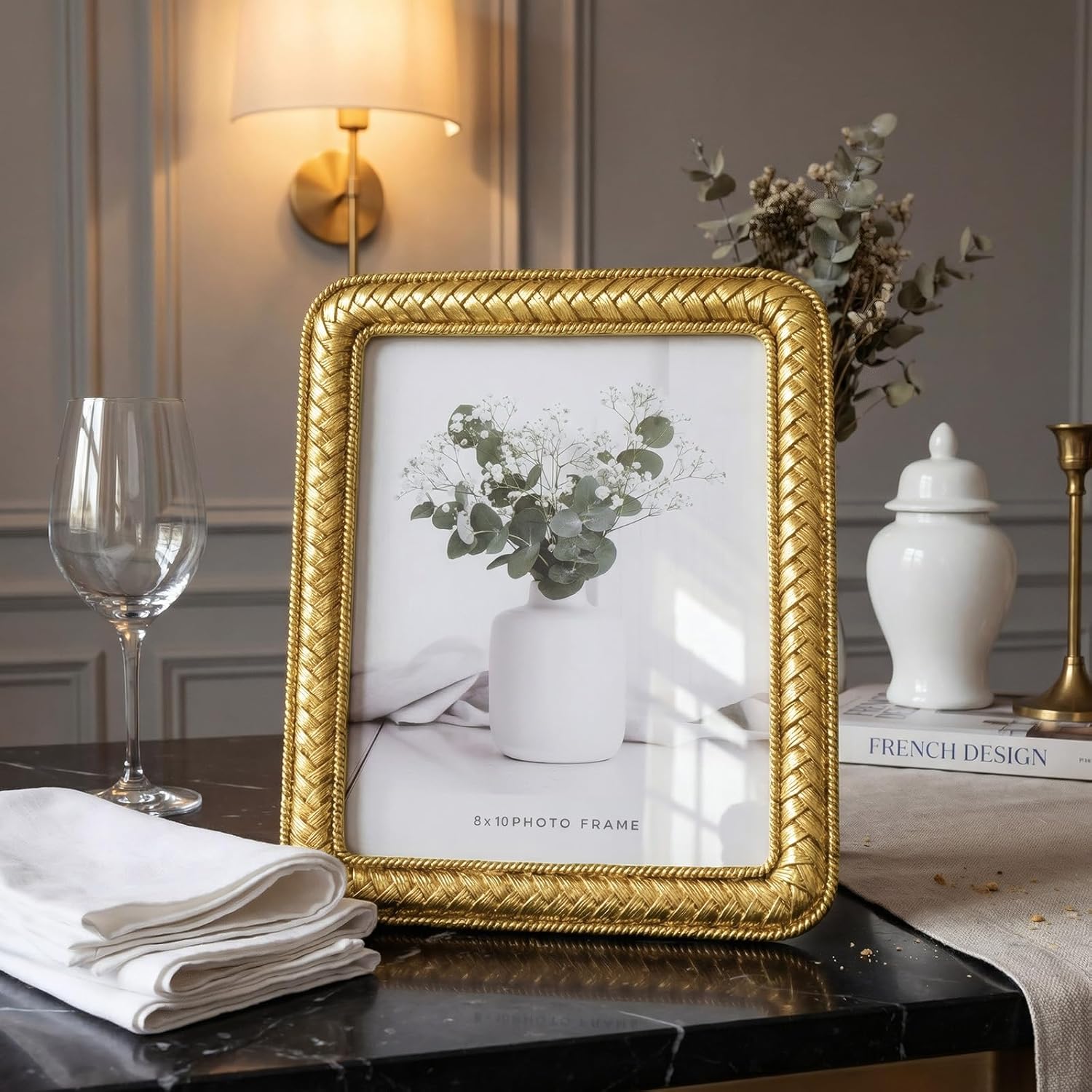 8x10 Gold Picture Frame, Ornate Resin Photo Frame with Glass Front, Decorative Rattan Design Gold Frames for Tabletop Display & Wall Hanging, Vintage Elegant Home Decor for Living Room, Bedroom