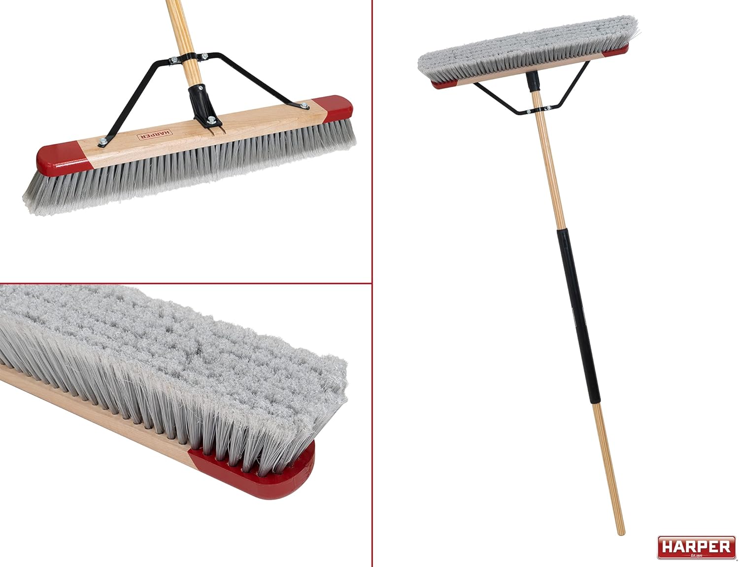 Harper 24 Inch Indoor Push Broom, Premium Heavy Duty Smooth-Surface Floor Cleaning with Flagged Bristles, Home and Garage Sweeping, Gray