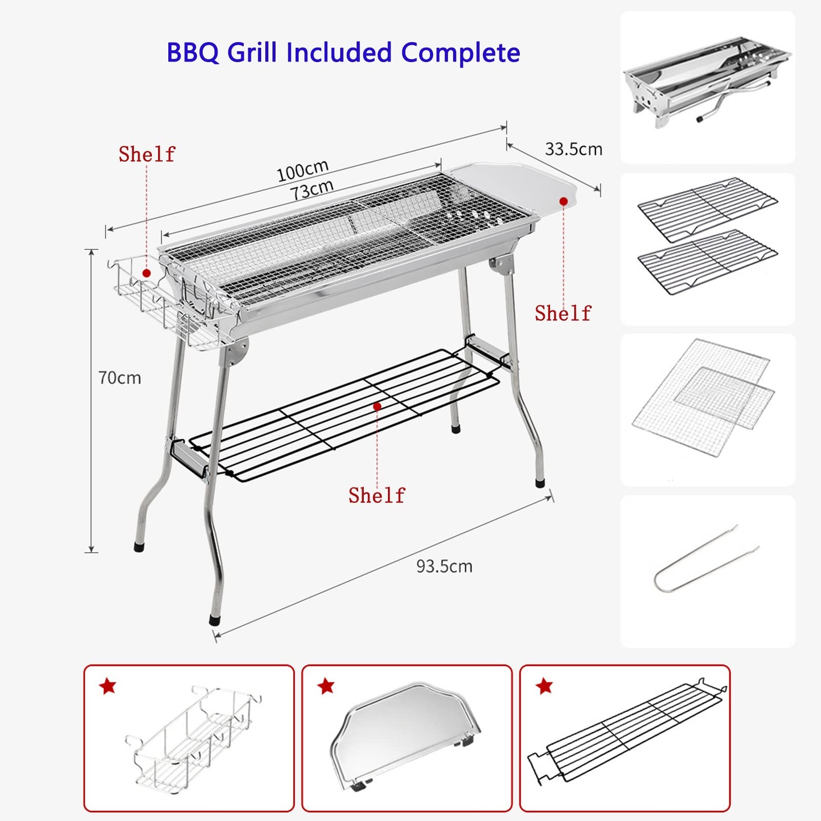 JIUYUEYA Parrilla de Barbacoa de carbón portátil con cestas de condimentos y Ganchos, Cocina de Acero Inoxidable for Camping, Picnic, Senderismo, Fiesta en el jardín, Festival