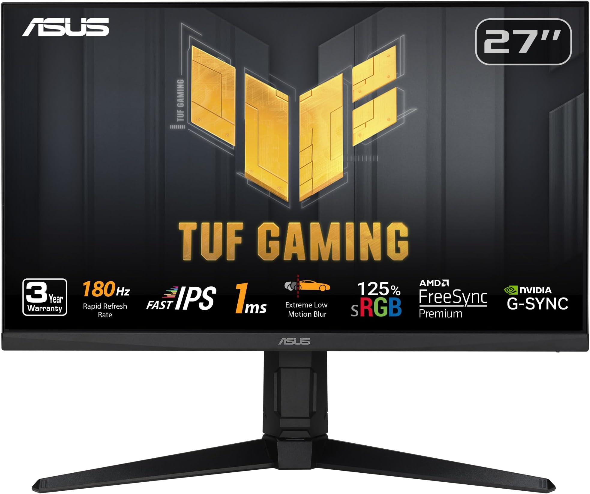 ASUS TUF Gaming 27” 1080P Monitor (VG279QL3A) - Full HD, 180Hz, 1ms, Fast IPS, Extreme Low Motion Blur, FreeSync Premium, G-SYNC Compatible, Speakers, DisplayPort, Height Adjustable, 3 Year Warranty