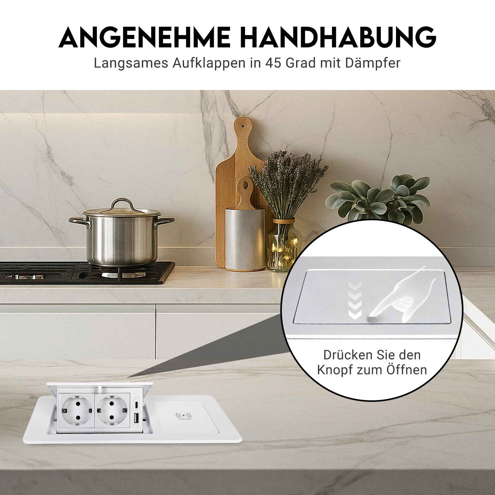 Enchufe retráctil PD20 W USB C y carga inalámbrica de 15 W, 2 enchufes, enchufe de mesa para escritorio, encimera de cocina, color blanco