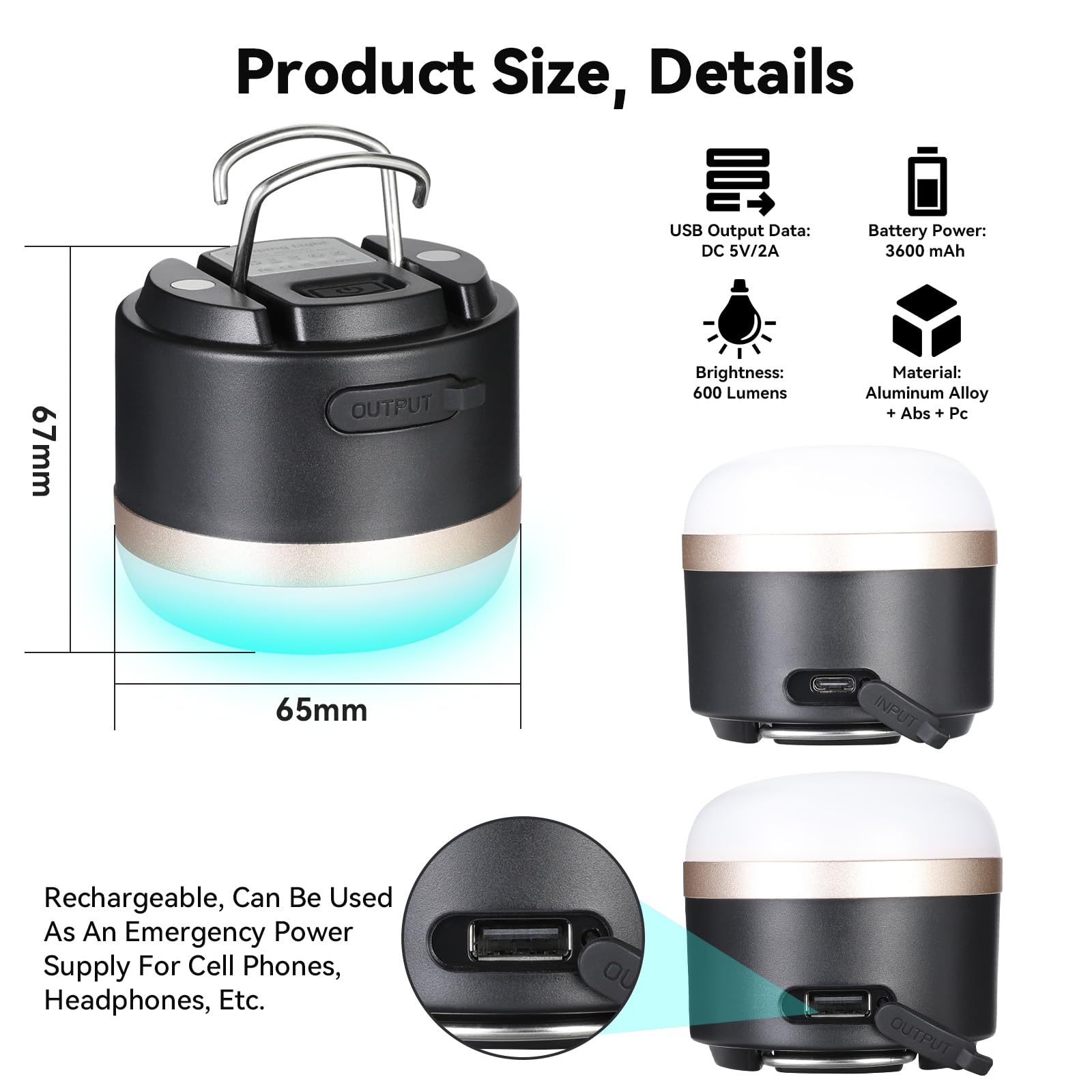 Romon Lampada Campeggio, 3600 mAh Ricaricabile RGB Colorata A Luce Ambiente Sfumata, Impermeabile IP65, Lampada Led Ricaricabile, Adatta Per Lavoro, Campeggio, Pesca, Escursionismo, Emergenza