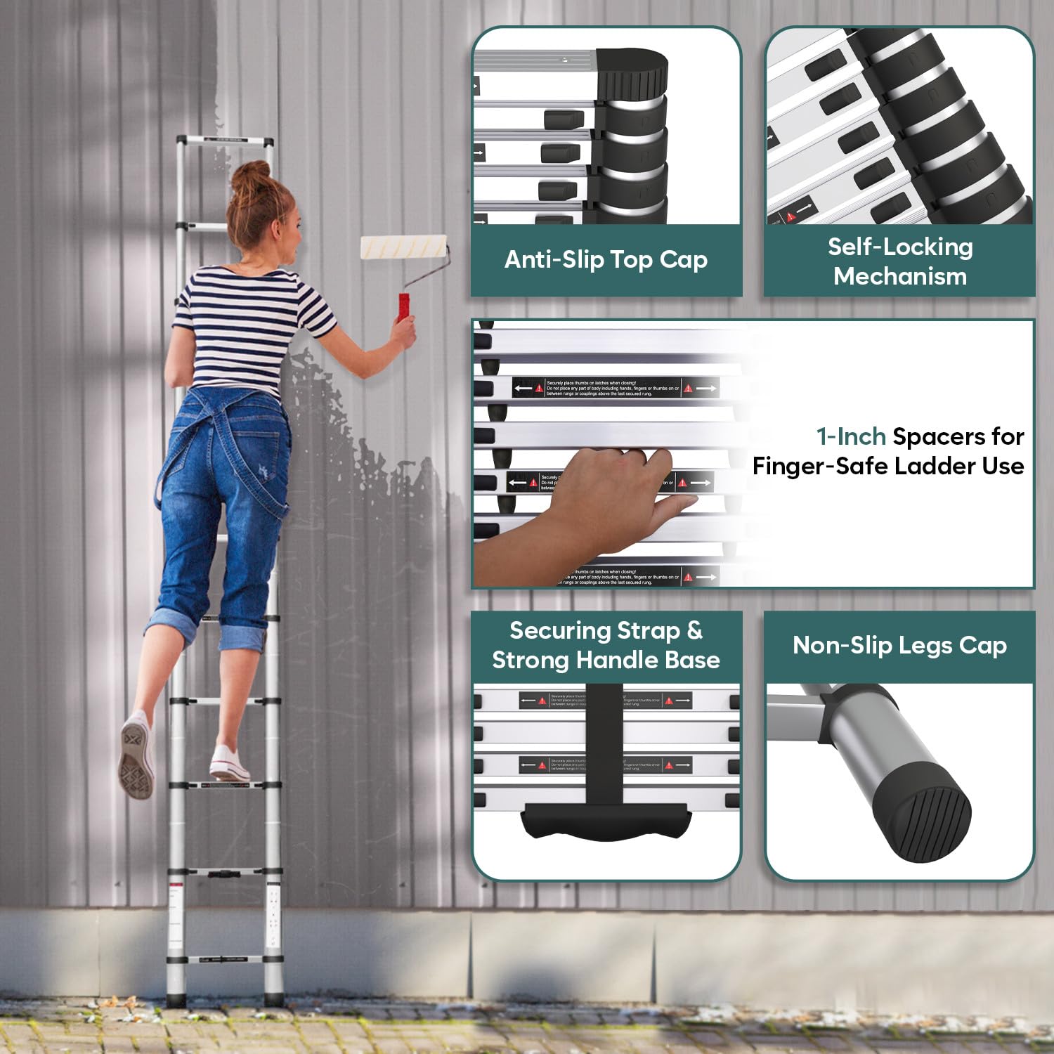 Corvids 3.8m (12.5 ft) Portable & Compact Finger Protect Aluminium Telescopic Ladder | 2-Year Warranty | EN131 Certified 10-Steps Foldable Multipurpose Step Ladder for Home & Outdoor use 2