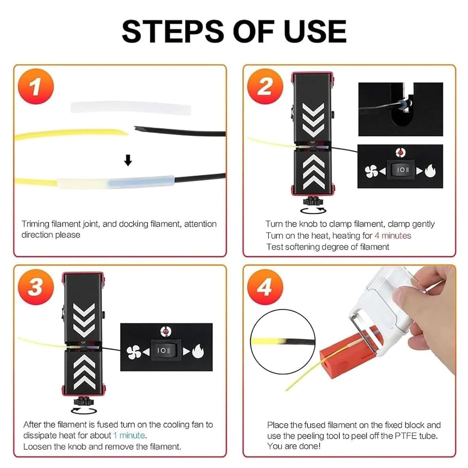 3D Printer Filament Connector, Filament Welder, Applicable Diameter: 1.75mm, Fast Heating and Integrated Cooling, Adjustable Clamp Tension, with 100Pcs PTFE Sleeve, for PLA, ABS, PC, PETG