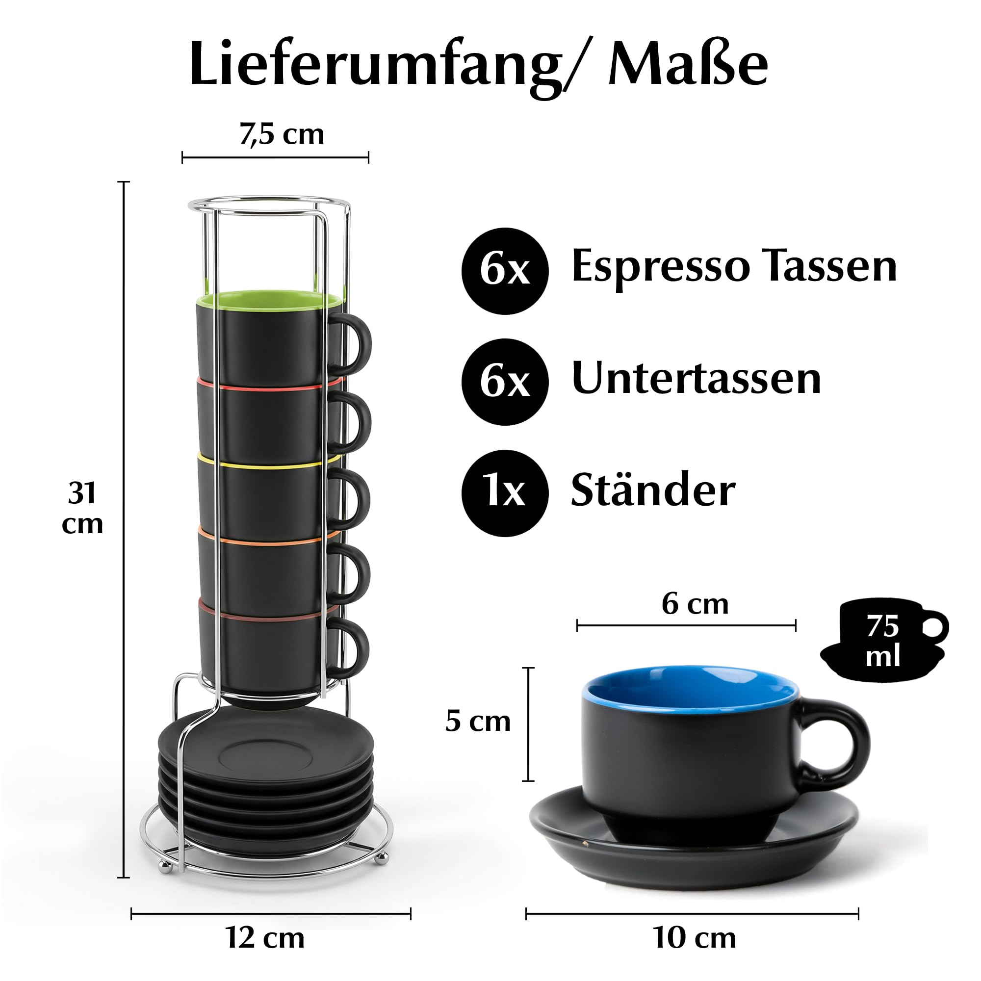 MIAMIO - 6 x 75 ml Espressotassen Set/Espresso Tassen Set mit Untertasse & Ständer - Kaffeetassen Set 6er Kaffeebecher Keramik - Le Papillon Kollektion (Bunt)