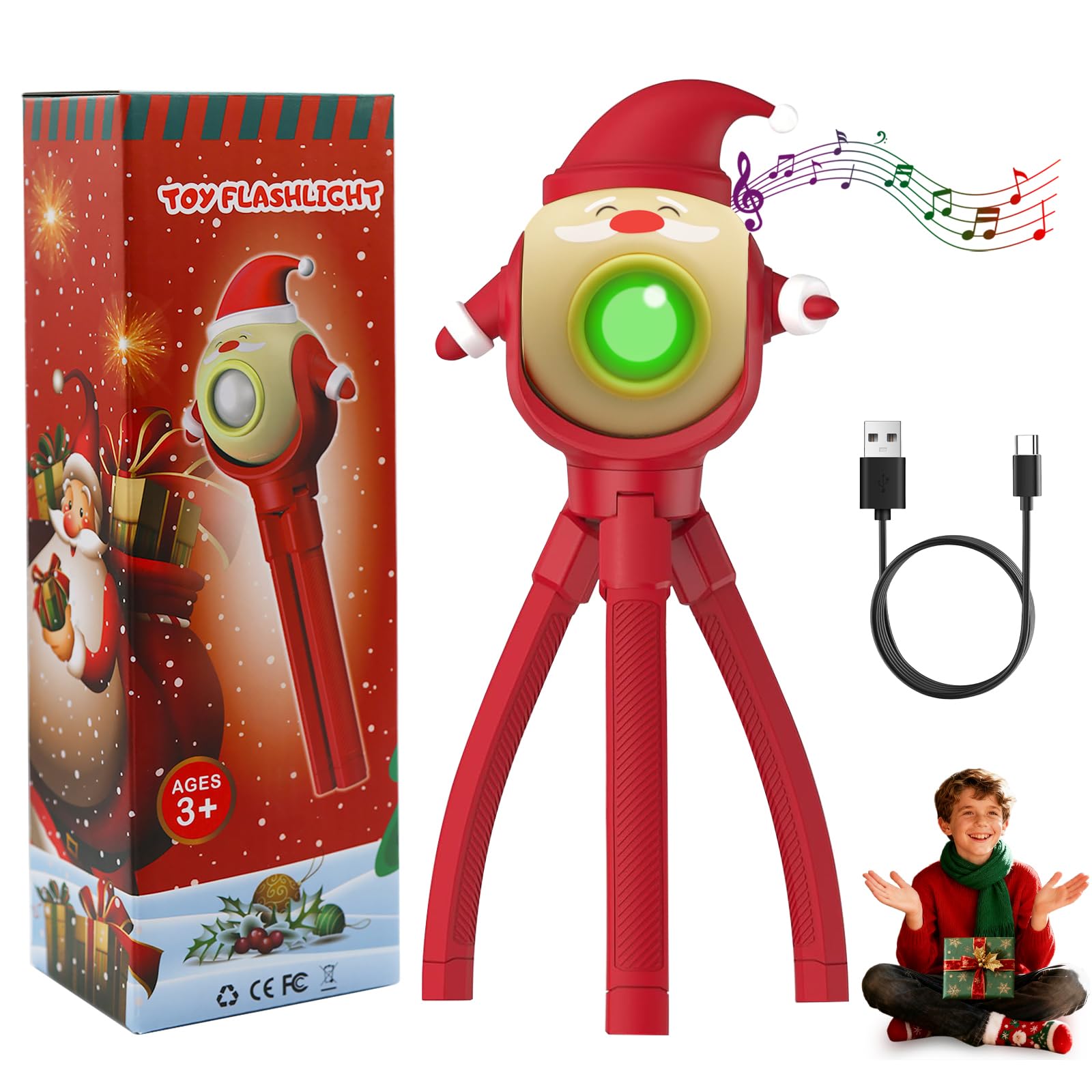 Taikcsut Christmas Kids Flashlight Toy Gifts- Santa, Christmas Gifts,Foldable Octopus Stand, LED with 8 Color Modes & 8 Songs, Gift for Holiday