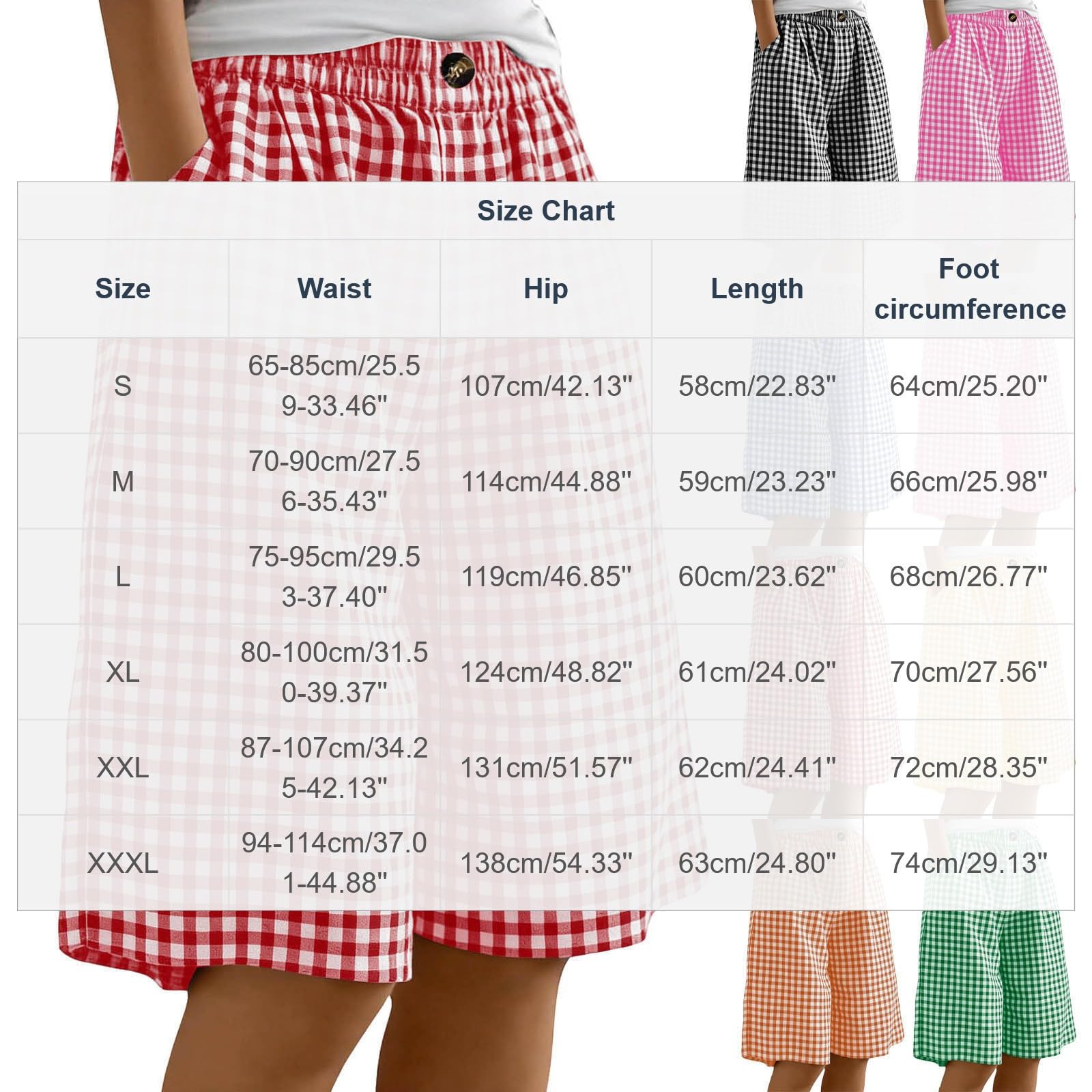 Short Long Vichy pour Femme avec Cordon De Serrage Taille élastique Short Large avec Poches Uni Coupe Ample Longueur Genou Bermuda D'été Décontracté pour Femme Coton