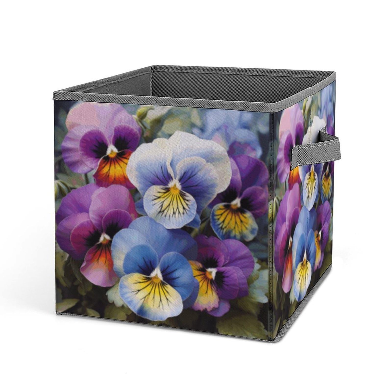 Pansy Perfection Storage Baskets Collapsible, Exquisite Pattern Cube Box, Canvas Fabric Storage Bins with Handles, Clothe Organizer Box for Home Decorative Office Bedroom