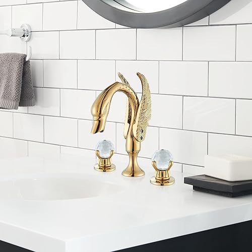 Miniatura 8 de Facuet de baño generalizado Cisne de oro grifo de lavabo de baño 3 agujeros 2 manija cristal baño vanidad grifos grifo moderno lavabo de arco alto