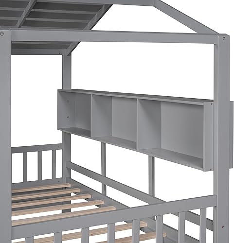 Miniatura 8 de MERITLINE Cama individual para niños, cama de piso individual, cama de piso estilo Montessori con estante, cama de casa de madera, no necesita