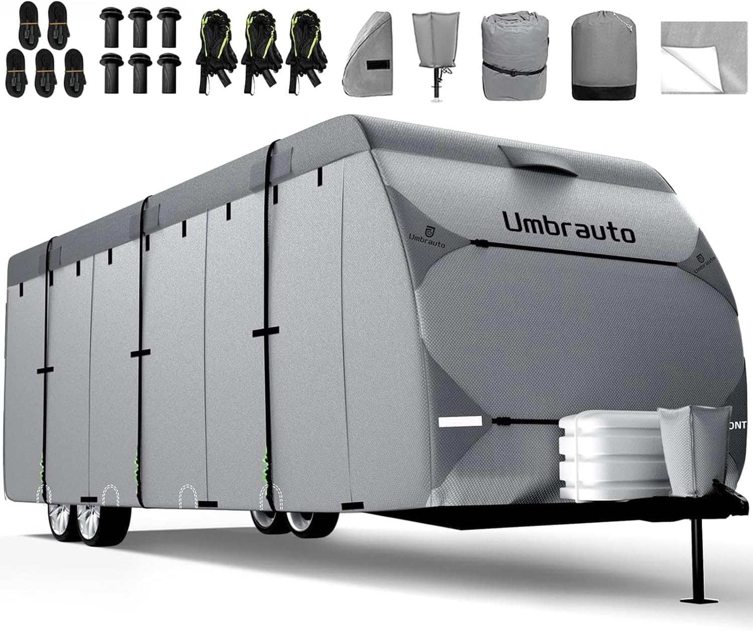 Umbrauto Travel Trailer RV Cover: Upgraded 7 Layers Top Waterproof Camper Cover, Toy Hauler Cover with Tongue Jack Cover, Extra Windproof Ropes, Gutter Covers (27-30ft)