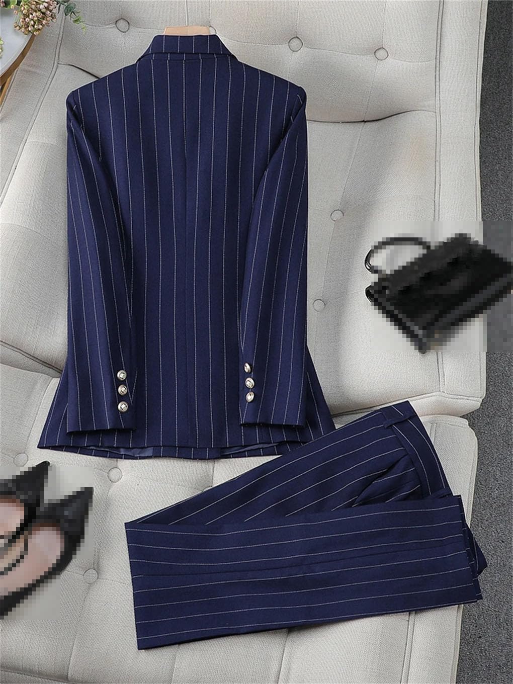Set di pantaloni formali da donna da ufficio, a righe blu, abbigliamento da lavoro da 2 pezzi, giacca e pantaloni