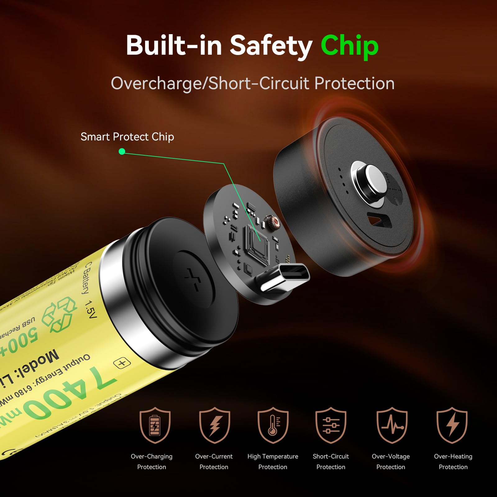 Batterie ricaricabili C, confezione da 4, 7400 mWh agli ioni di litio C, 1,5 V, con cavo di ricarica USB-C 4 in 1, indicatore di livello della batteria, per torcia, lettore CD, lampada da
