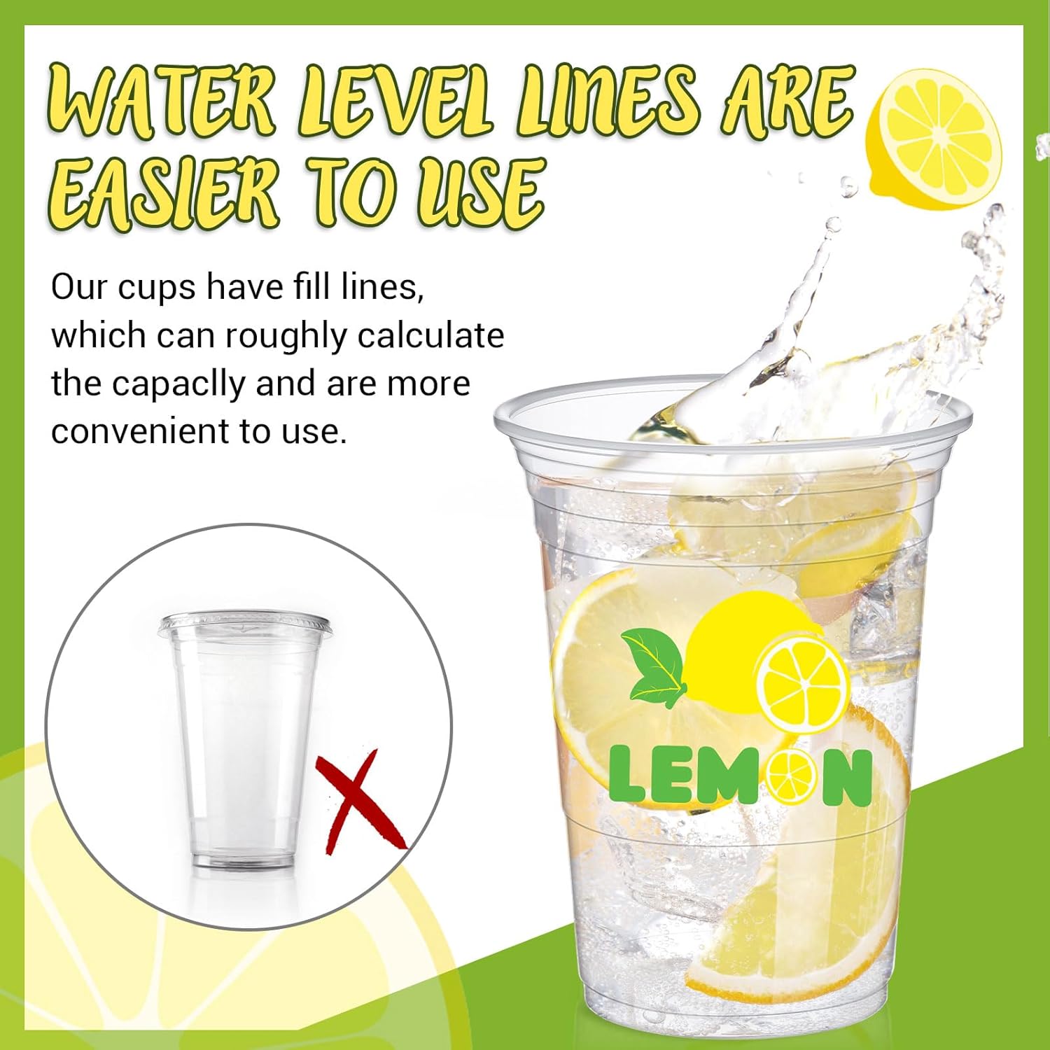 Qinyoung 120 Pcs Lemon Disposable Plastic Cups 16 oz Yellow Lemonade Thick Clear Cup for Cold Water Juice Coffee Drinking Beverage Summer Fruit Hawaiian Luau Tropical Party Bakery Dessert Station