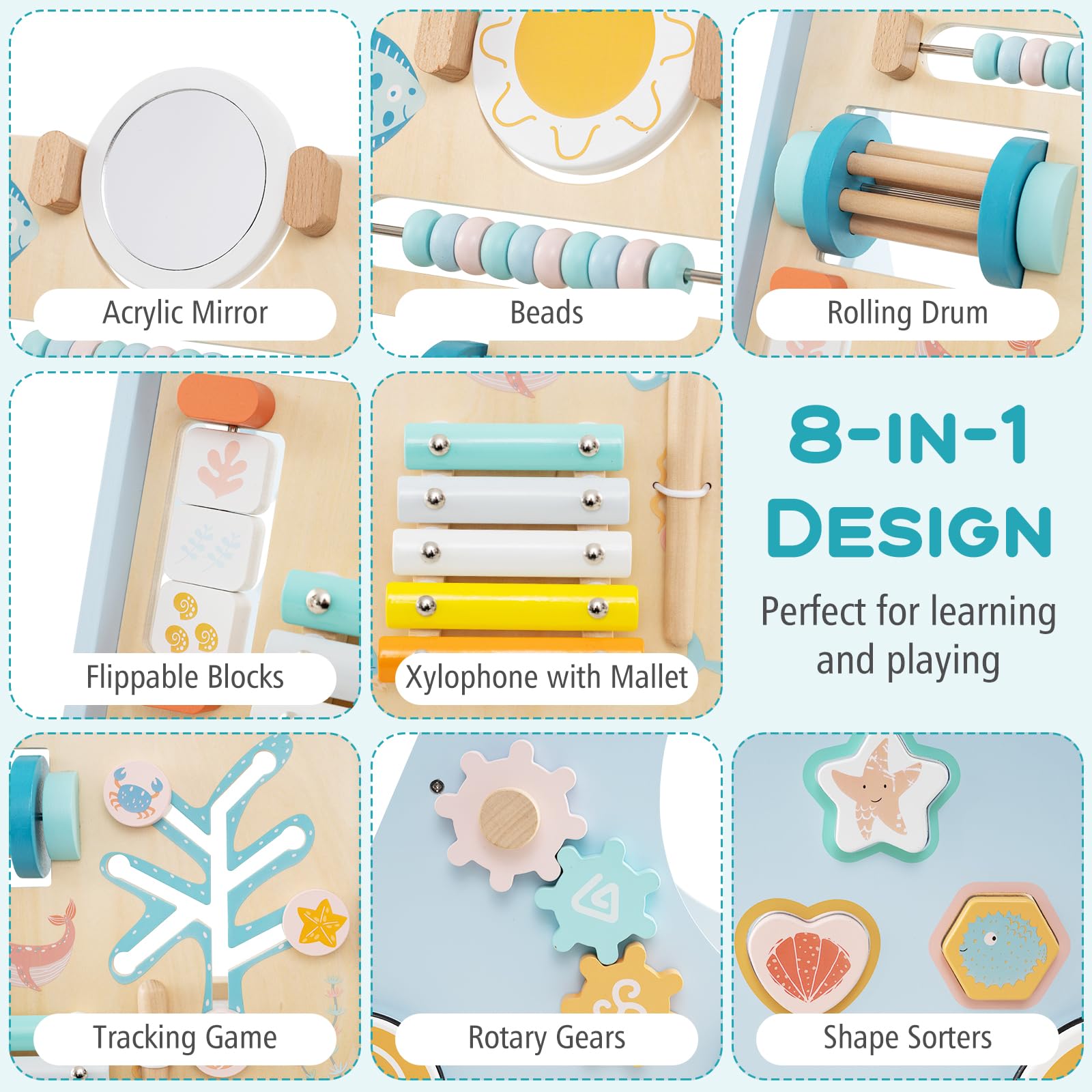 BABY JOY Wooden Baby Walker, Push and Pull Learning Activity Center, Montessori Walker Toy with Wheels, Push Toy for Toddlers, Boys and Girls 1+ Years Old