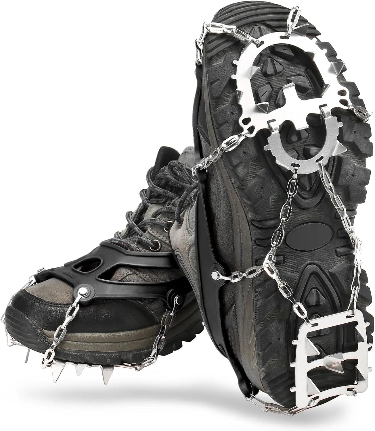 18 Teeth Ice Gripper Spike for Shoes Anti Slip Hiking Climbing Snow Spikes Crampons Cleats Chain Claws Grips Boots Cover(18 Teeth Black L)