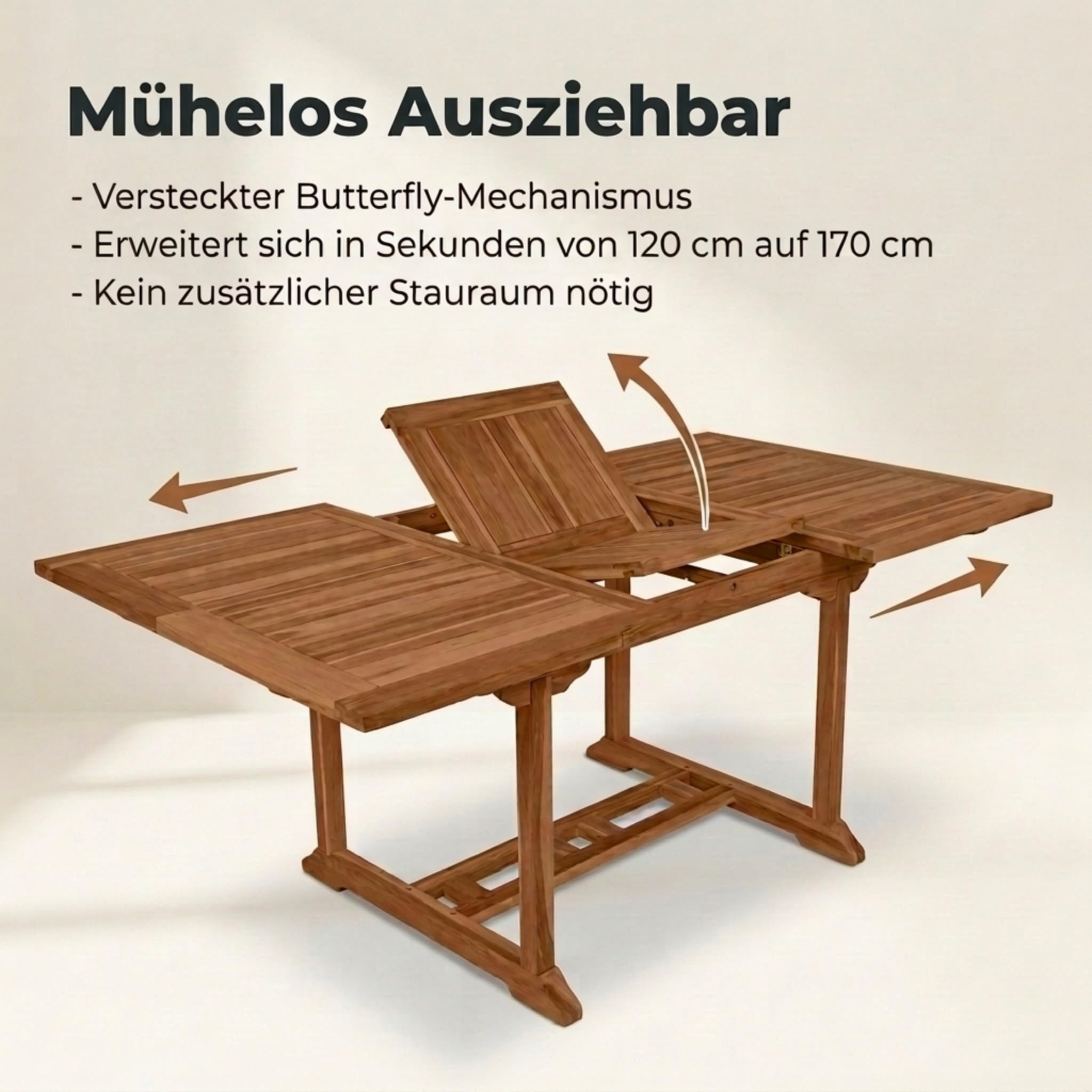 SAM Premium Gartentisch ausziehbar Madera, Garten Tisch aus Teakholz 120-170 x 120 cm, wetterfester Terrassentisch mit Schirmloch, rechteckiger Holztisch für Garten Terrasse, massiver Holz Esstisch