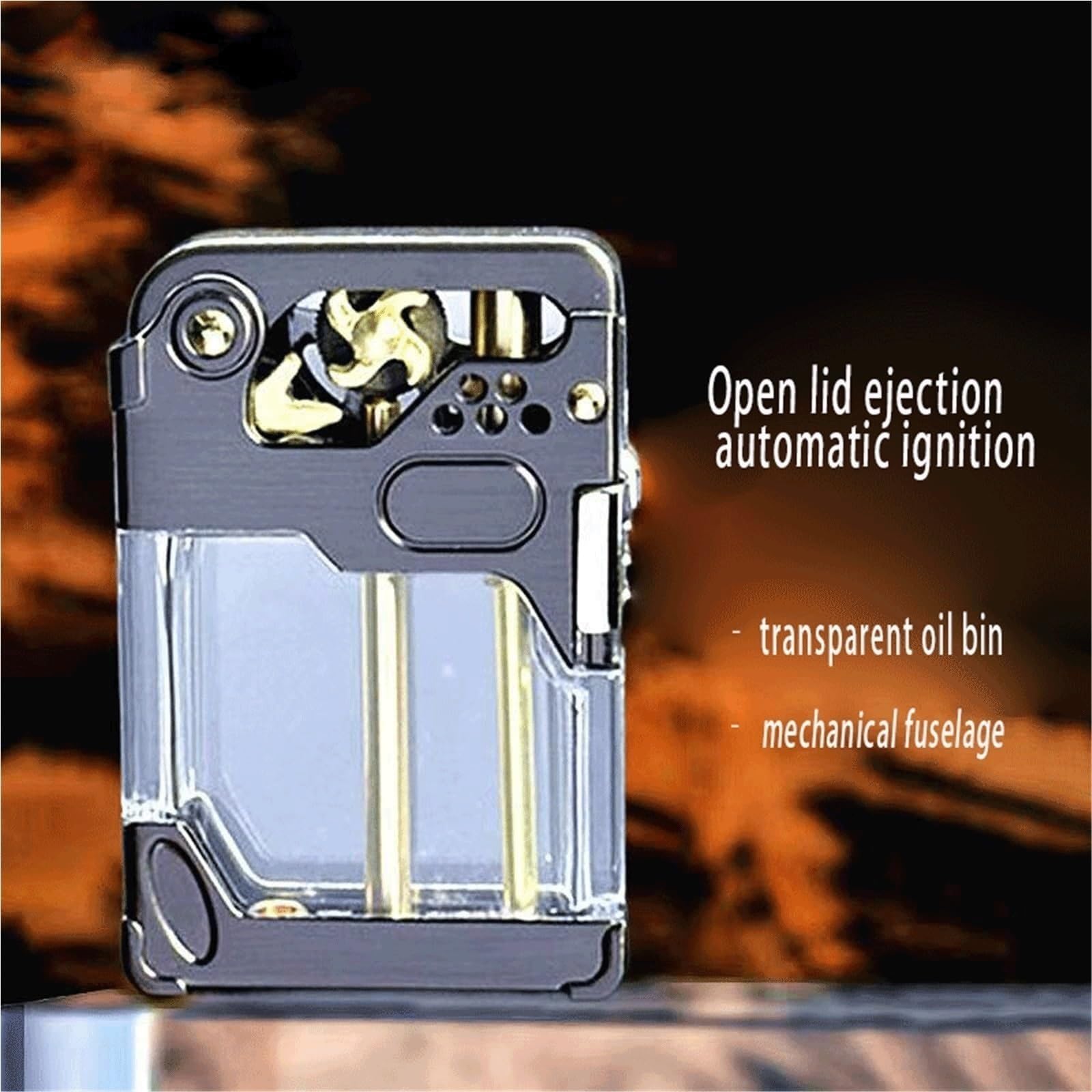 Mechanisches Kerosinfeuerzeug aus Metall im Vintage-Stil, winddichte, weiche Flamme, Sicherheitsschloss-Design, transparenter Kraftstofftank, wiederverwendbar, Geschenk for Männer und Väter(Black)
