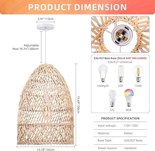 Miniatura 5 de Arturesthome Luz colgante de ratán natural, lámpara de araña tejida con lámpara colgante, lámpara colgante de techo, pantalla hecha a mano