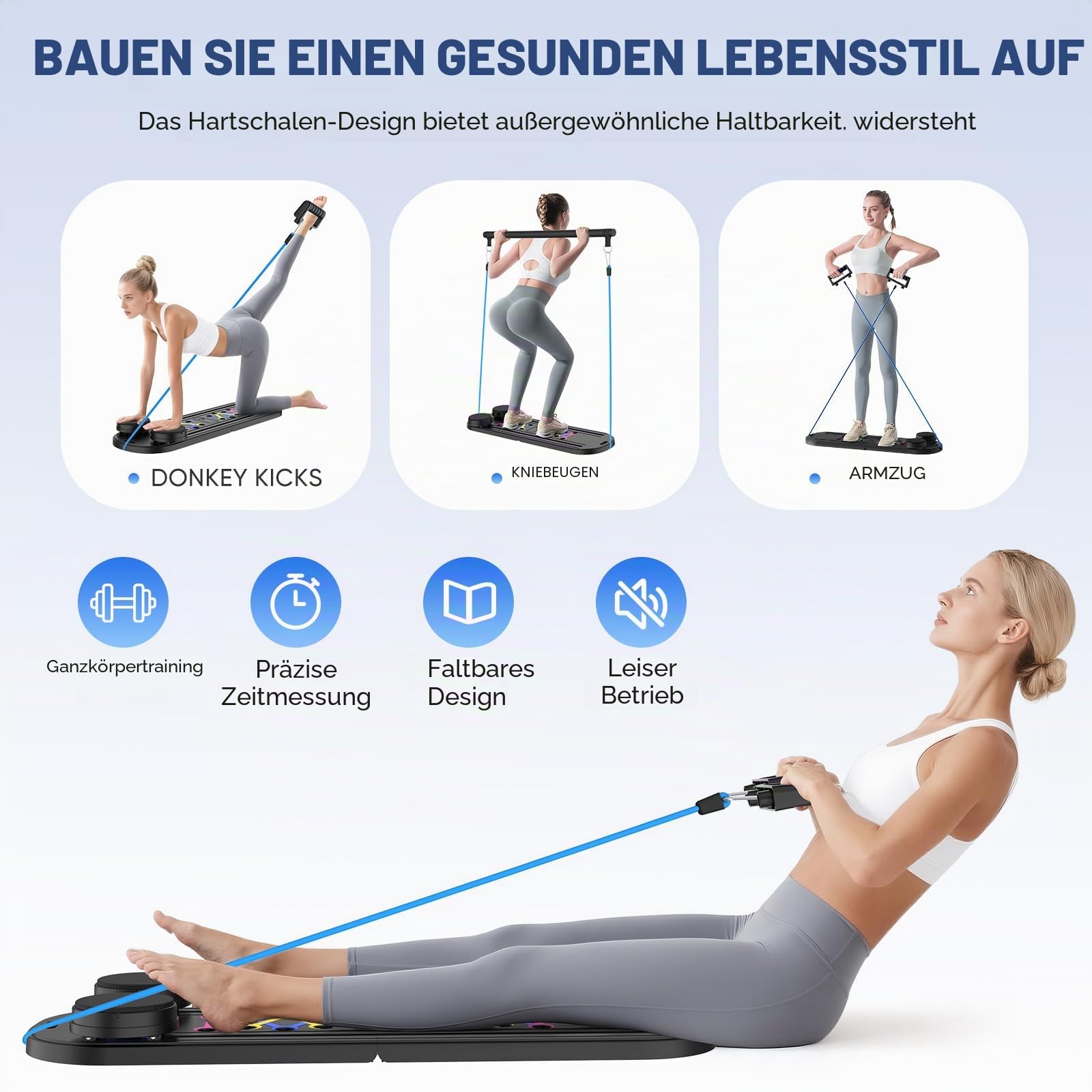 Mini-Pilates-Trainer, 6-in-1 mit intelligentem Zähler, Pilatesbrett mit Widerstandsbändern, automatischer Rückprallrolle, zusammenklappbares Bauchbrett
