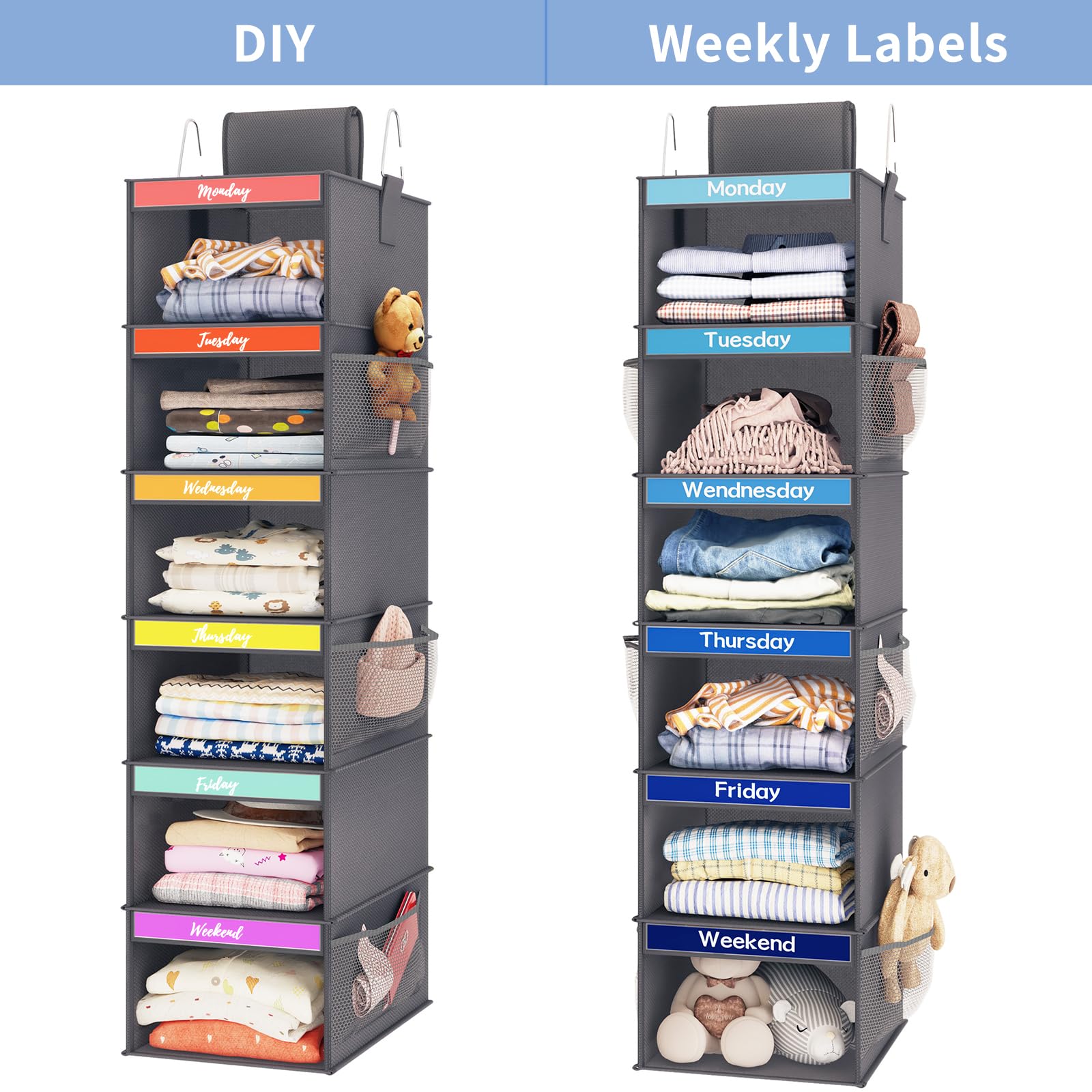 Weekly Kids Kleider-Organizer mit 6 Regalböden, zum Aufhängen, Dunkelgrau | Vliesstoff, 6 Tagesregale, 6 Netz-Seitentaschen, 2 Metallhaken, faltbares Design, für Kinder-Outfits und Zubehör