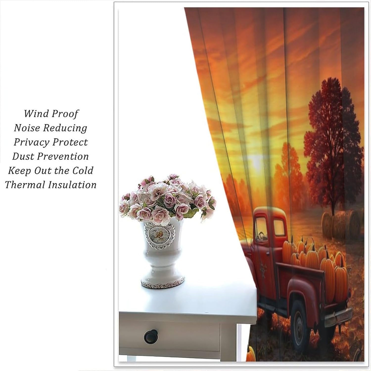 Rustic Autumn Landscape Curtains Flowers Car Farmhouse Barn Sunflowers Fall Harvest Pumpkin Blackout Rod Pocket Window Treatments for Restaurant Bedroom Living Kitchen Cafe Drapes 42" W X 45" L