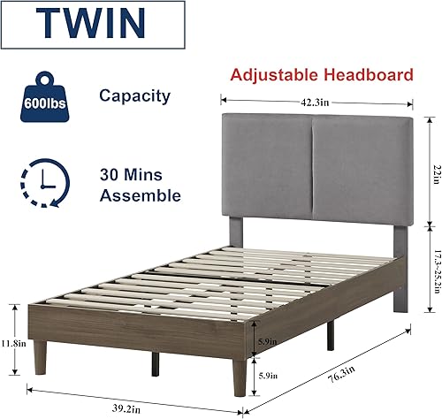 Miniatura 2 de VECELO Base de cama individual tapizada con cabecera de algodón y lino ajustable en altura, listones de madera resistente, espacio debajo de la cama
