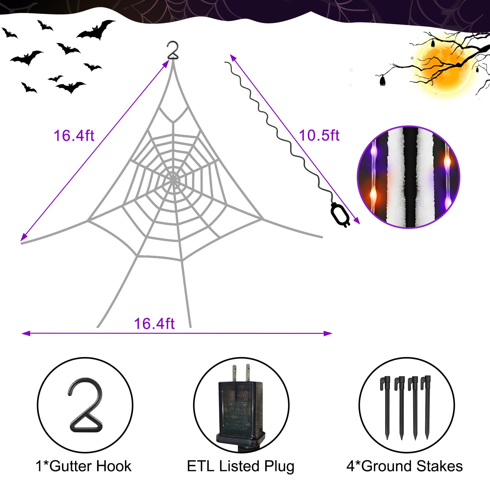 Pajęczyny dekoracje halloweenowe na zewnątrz, 200 fioletowo-pomarańczowych z 8 trybami wodoodporne, dekoracja pajęczyny na zewnątrz dekoracja na Halloween