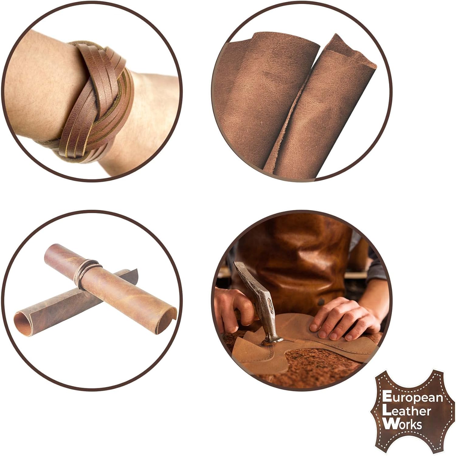 ELW 5-6 oz (2-2.4mm) Tobacco Brown Full Grain Leather Craft Sheets Set of 4 Pieces 6"x12" Plus 36” Leather Cord Braiding String, Oil Tanned Real Cowhide for Tooling, Carving, Repair, Knife Sheaths
