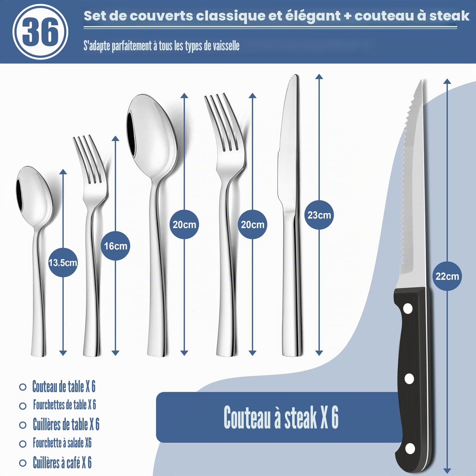 Joyfair Ensemble de couverts 36 pièces en acier inoxydable avec couteau à steak, couverts avec couteau, fourchette cuillère, couverts de table pour la maison/fête/restaurant, passe au lave-vaisselle