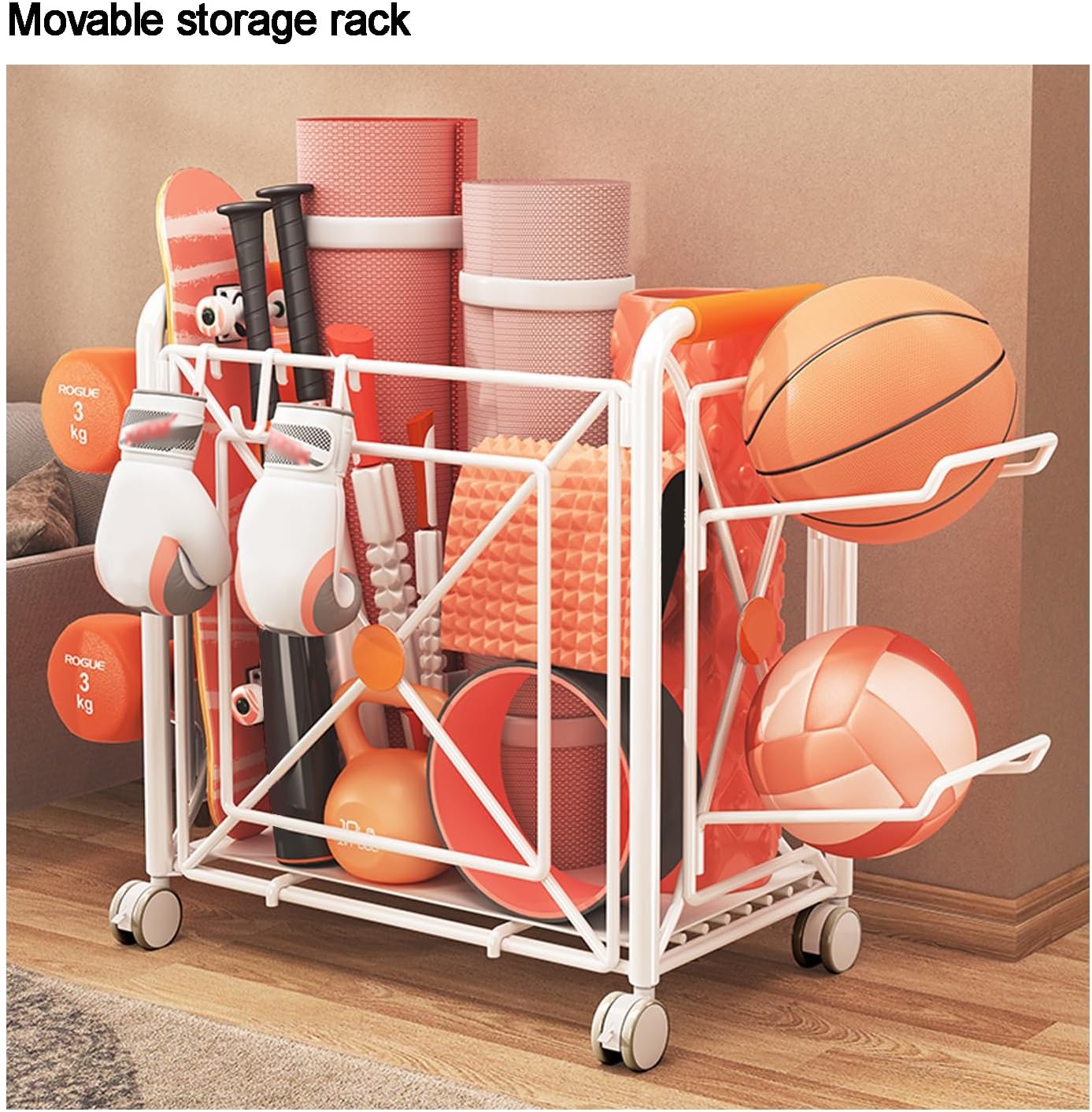 Garage Sports Equipment Organizer, Ball Storage Rack,Rolling Storage Bin，Gym Storage Holder for Yoga Mat，Ball Storage Garage Large Capacity,for Garage for Football, Bat, Toys